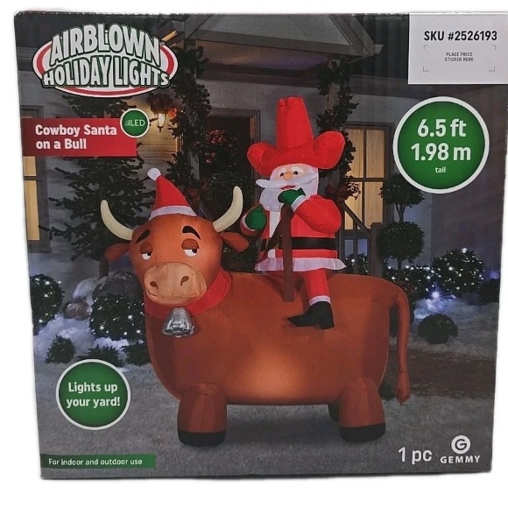6.5' Christmas LED Inflatable Rodeo Cowboy Santa on Longhorn Bull Decoration New
